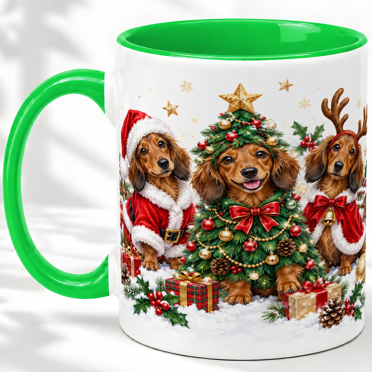 #pl[11oz|Green] Christmas Dachshund Trio Accent Mug, Ceramic Cup for Dog Lovers
