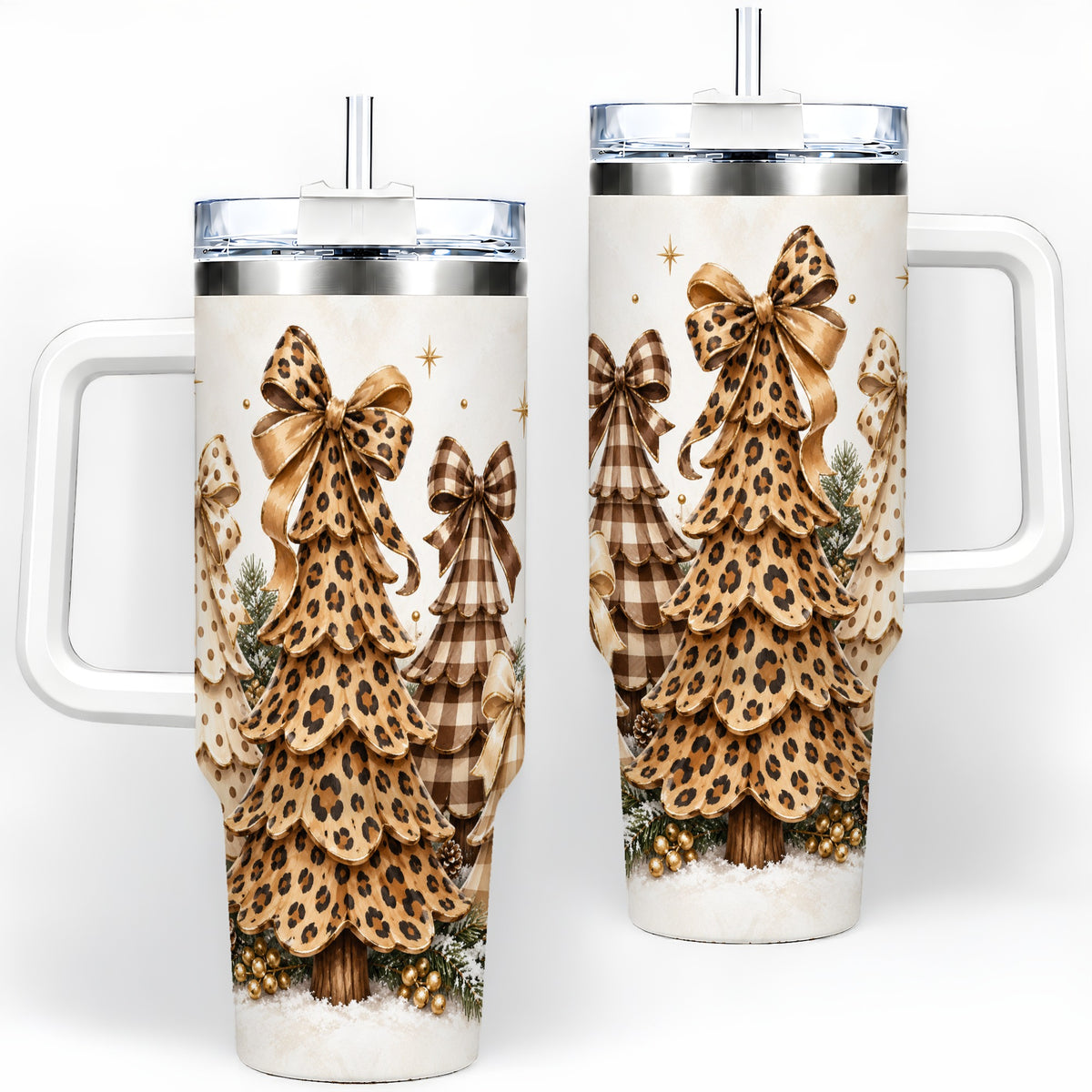 Leopard Print Christmas Trees Handled Tumbler, 40oz Holiday Drinkware