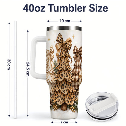 #pl[40oz|White] Leopard Print Christmas Trees Handled Tumbler, 40oz Holiday Drinkware