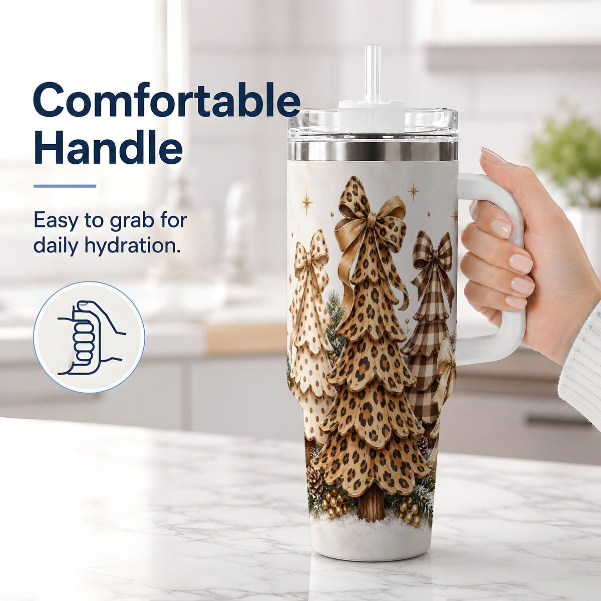 #pl[40oz|White] Leopard Print Christmas Trees Handled Tumbler, 40oz Holiday Drinkware