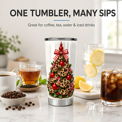 Leopard Print Christmas Tree 20oz Tumbler, Festive Red Ornament Design