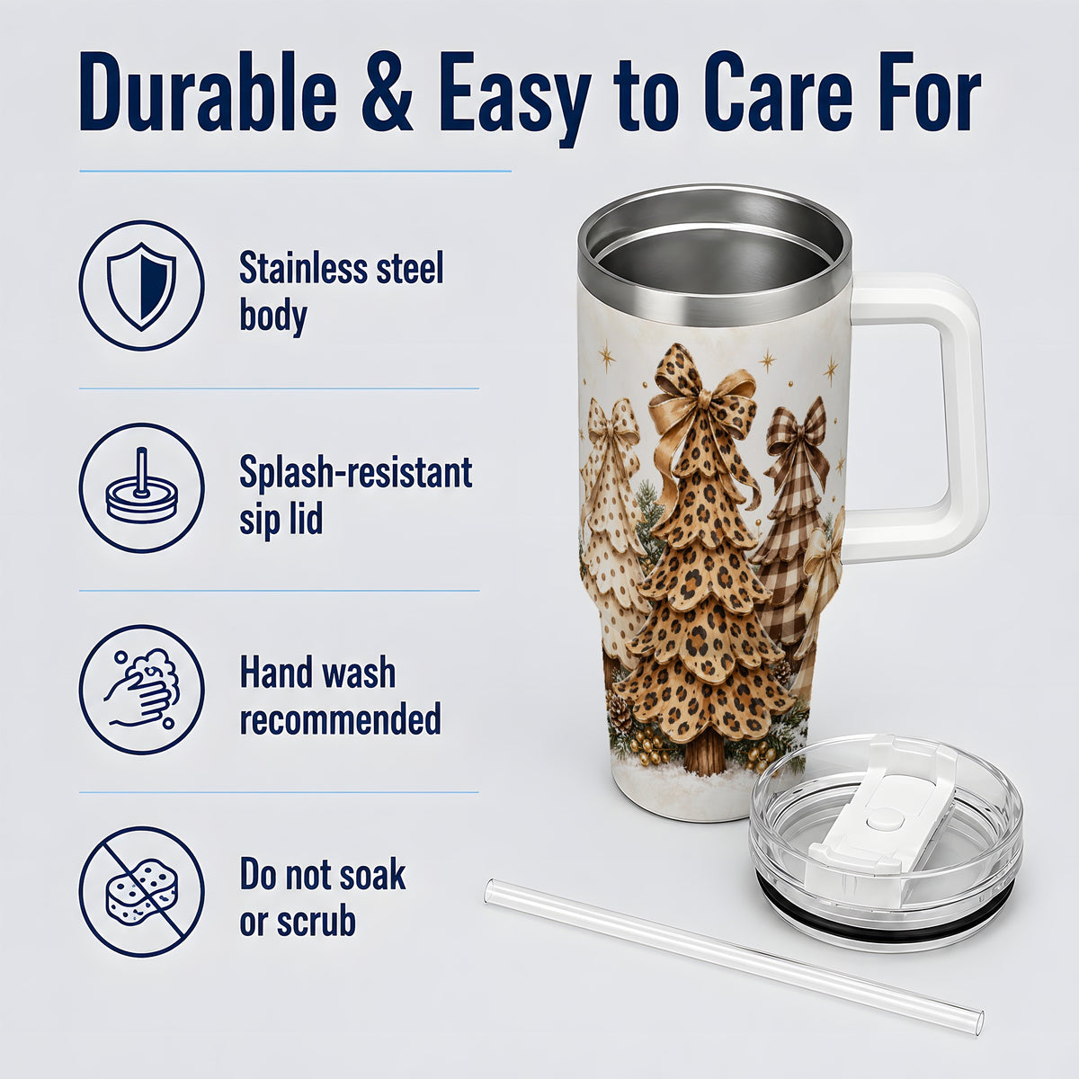 Leopard Print Christmas Trees Handled Tumbler, 40oz Holiday Drinkware