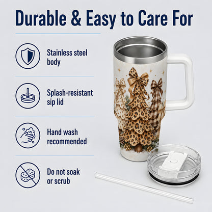 Leopard Print Christmas Trees Handled Tumbler, 40oz Holiday Drinkware