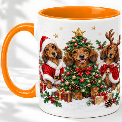 #pl[11oz|Orange] Christmas Dachshund Trio Accent Mug, Ceramic Cup for Dog Lovers