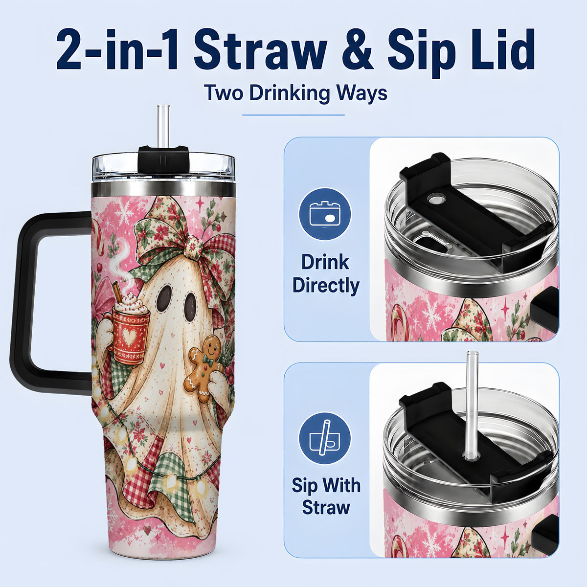 #pl[40oz|Black] Cute Christmas Ghost Handled Tumbler, 40oz Festive Winter Drinkware