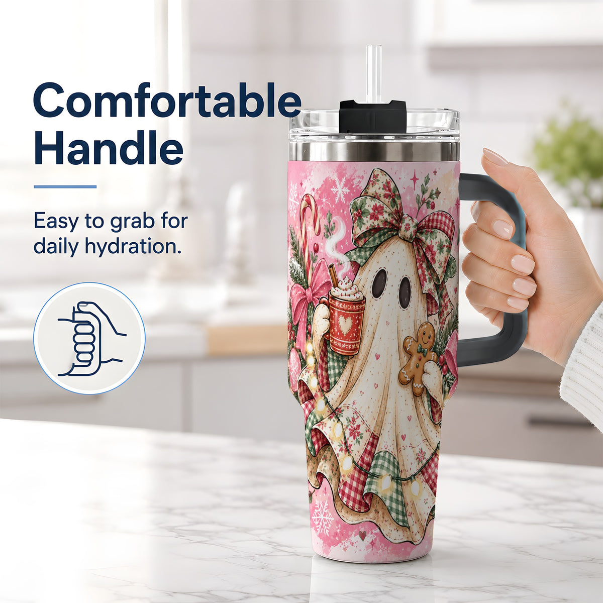 #pl[40oz|Black] Cute Christmas Ghost Handled Tumbler, 40oz Festive Winter Drinkware