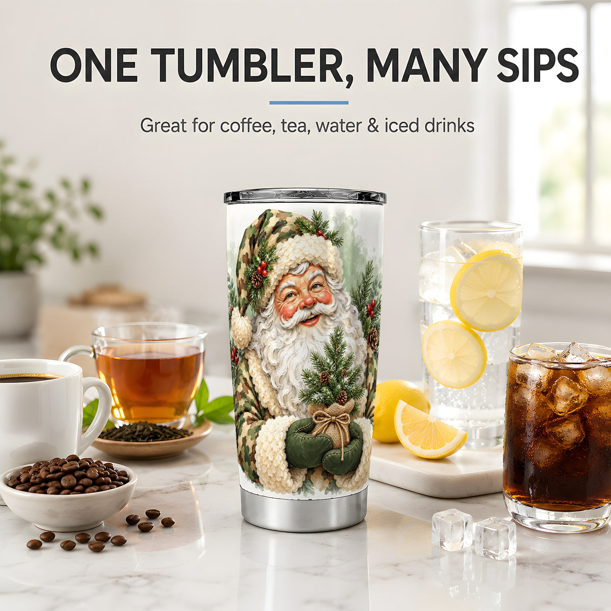 Camouflage Santa Claus 20oz Tumbler, Rustic Christmas Pine Tree Art