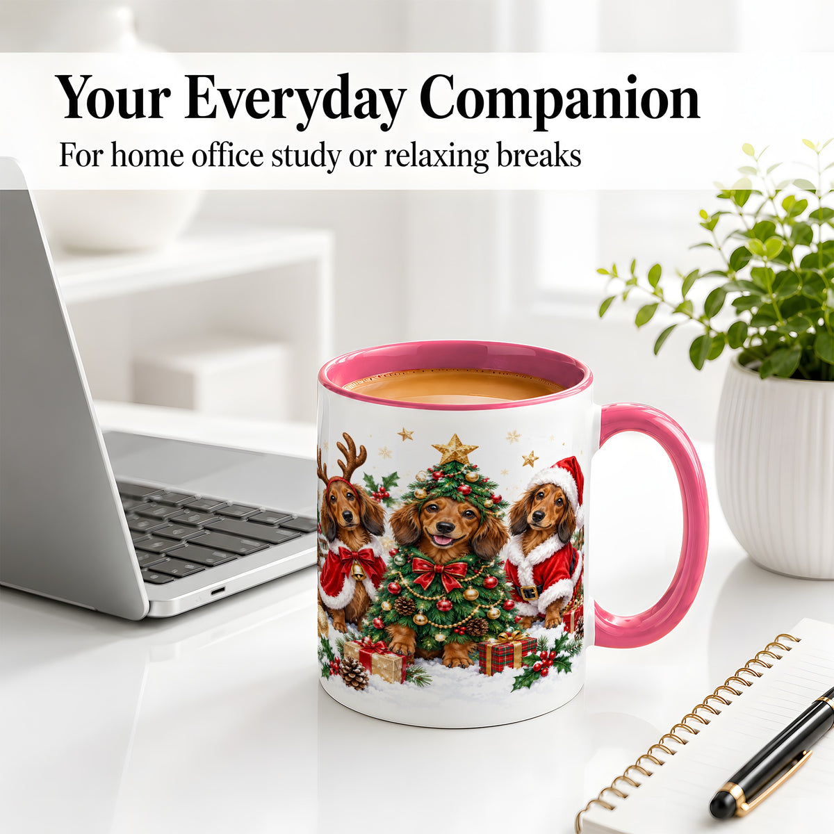 #pl[11oz|Pink] Christmas Dachshund Trio Accent Mug, Ceramic Cup for Dog Lovers