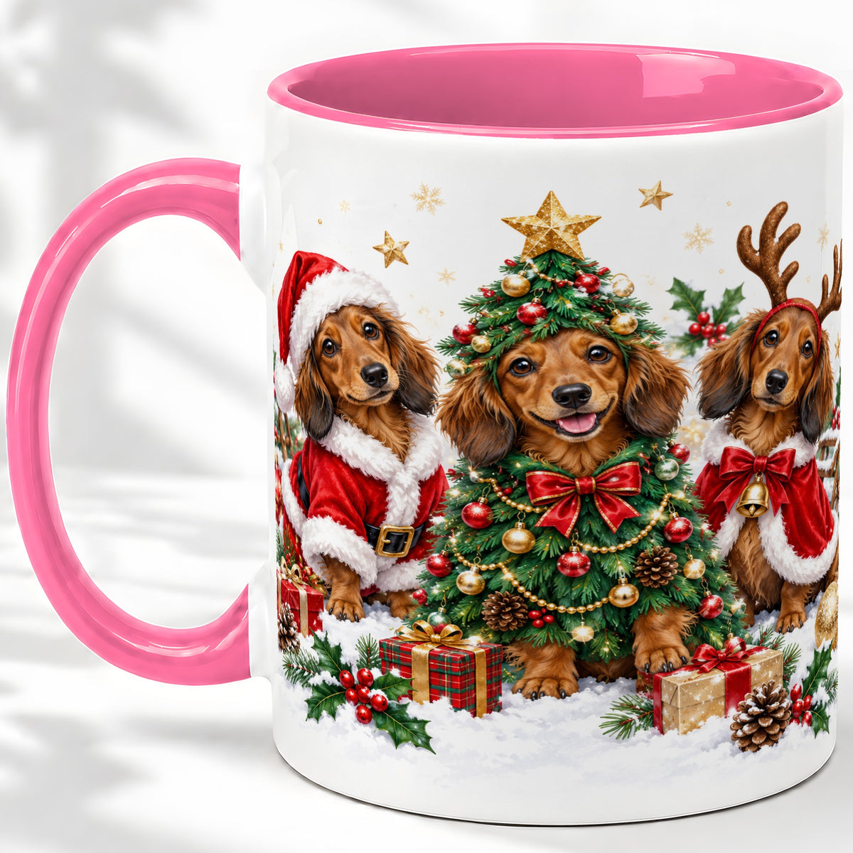 #pl[11oz|Pink] Christmas Dachshund Trio Accent Mug, Ceramic Cup for Dog Lovers