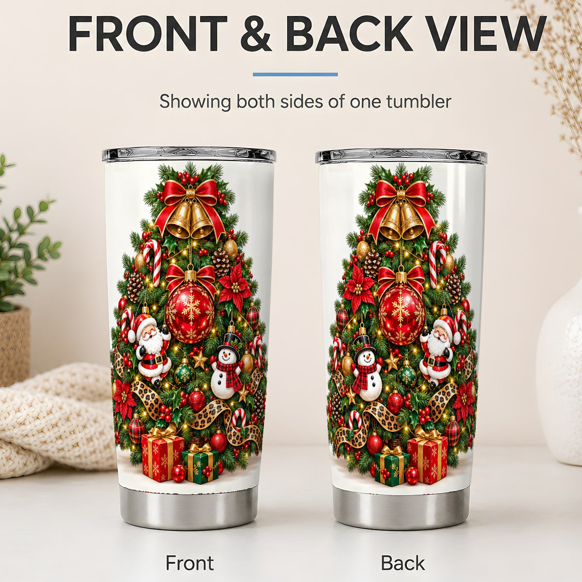 #pl[20oz|Steel] Leopard Ribbon Christmas Tree 20oz Tumbler, Santa and Snowman Design