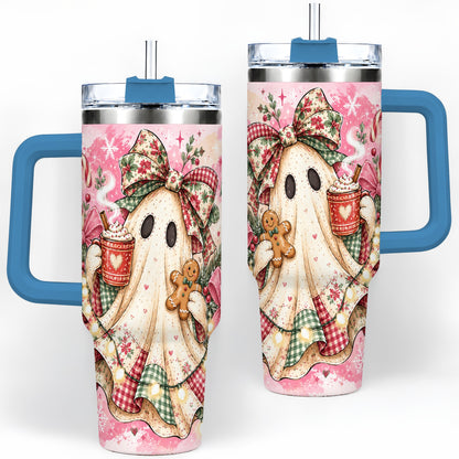 #pl[40oz|Blue] Cute Christmas Ghost Handled Tumbler, 40oz Festive Winter Drinkware