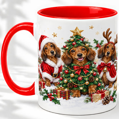 Christmas Dachshund Trio Accent Mug, Ceramic Cup for Dog Lovers