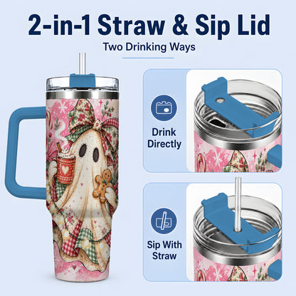 #pl[40oz|Blue] Cute Christmas Ghost Handled Tumbler, 40oz Festive Winter Drinkware