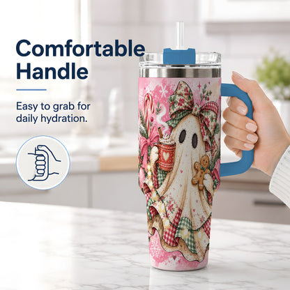 #pl[40oz|Blue] Cute Christmas Ghost Handled Tumbler, 40oz Festive Winter Drinkware