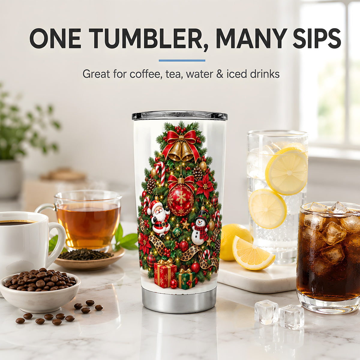 Leopard Ribbon Christmas Tree 20oz Tumbler, Santa and Snowman Design