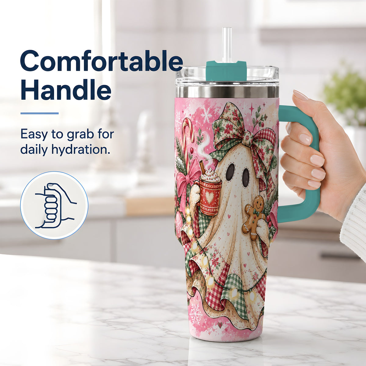#pl[40oz|Green] Cute Christmas Ghost Handled Tumbler, 40oz Festive Winter Drinkware