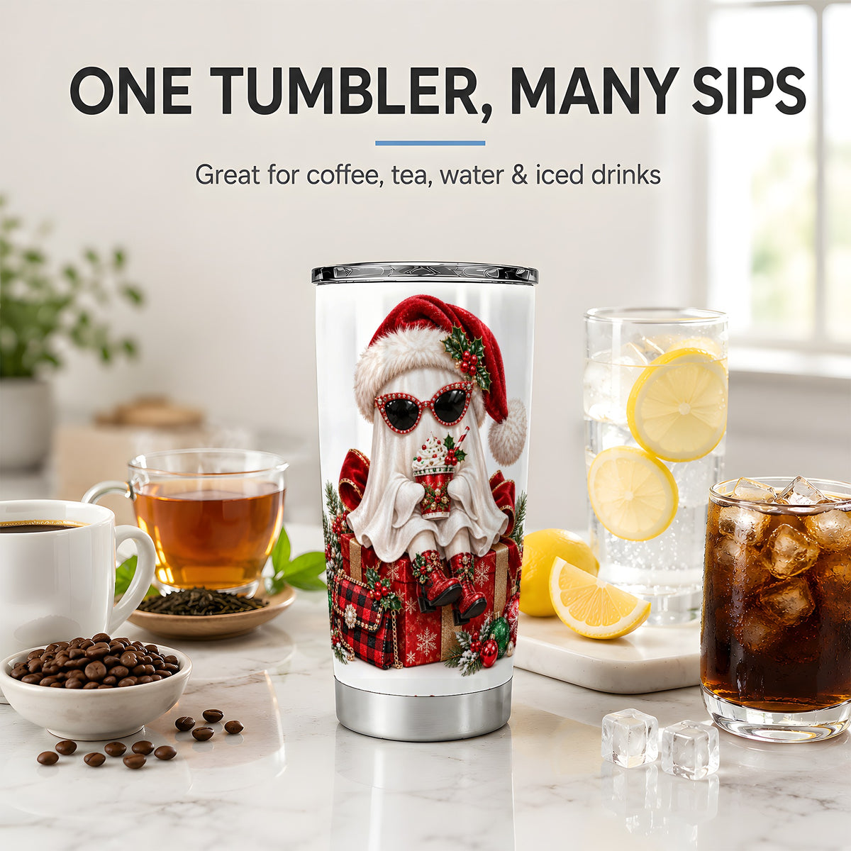 Christmas Ghost 20oz Tumbler, Cute Santa Hat and Holiday Drink Design