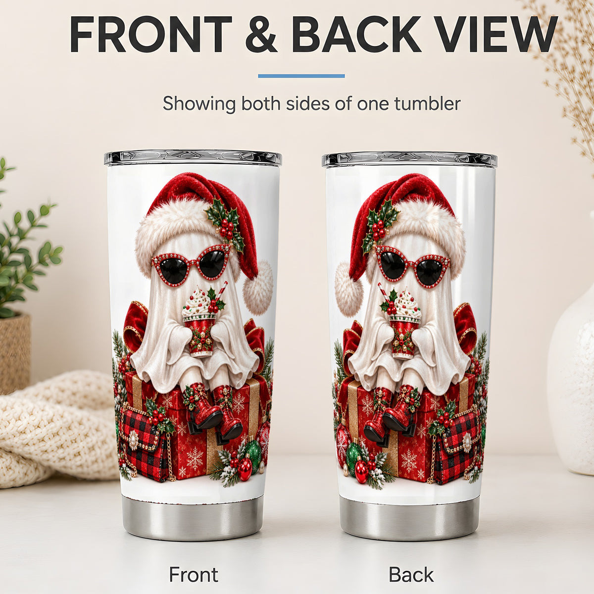 #pl[20oz|Steel] Christmas Ghost 20oz Tumbler, Cute Santa Hat and Holiday Drink Design
