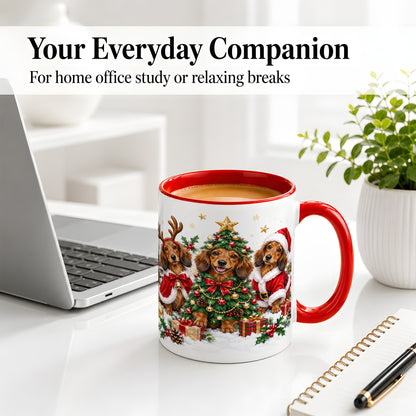 #pl[11oz|Red] Christmas Dachshund Trio Accent Mug, Ceramic Cup for Dog Lovers