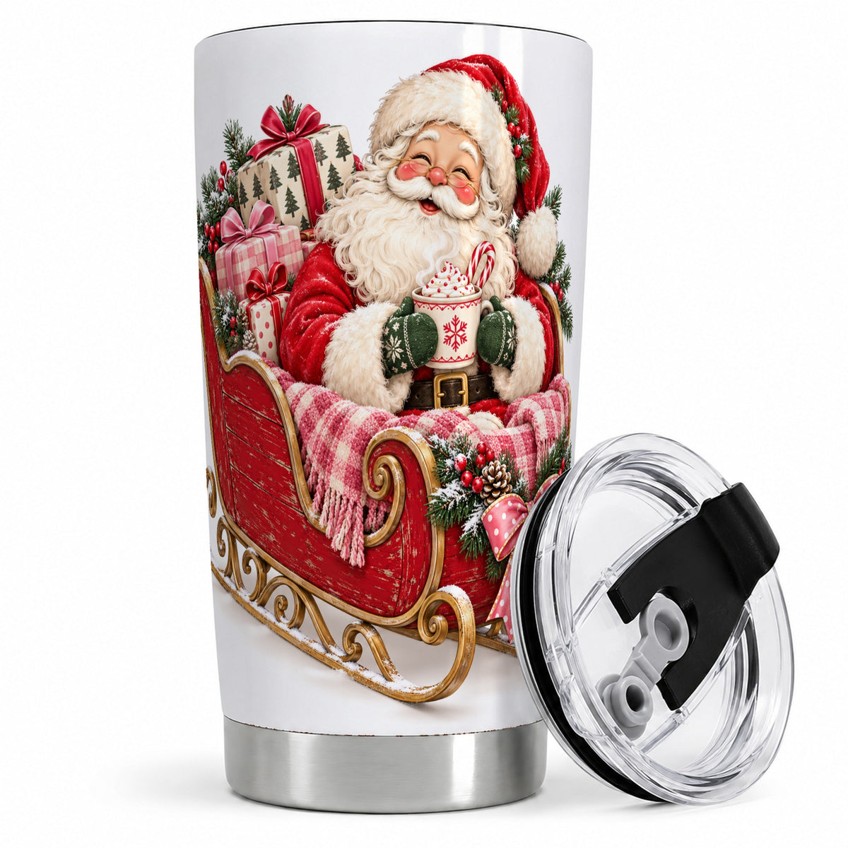 Santa Christmas Sleigh 20oz Tumbler, Cozy Red Holiday Artwork