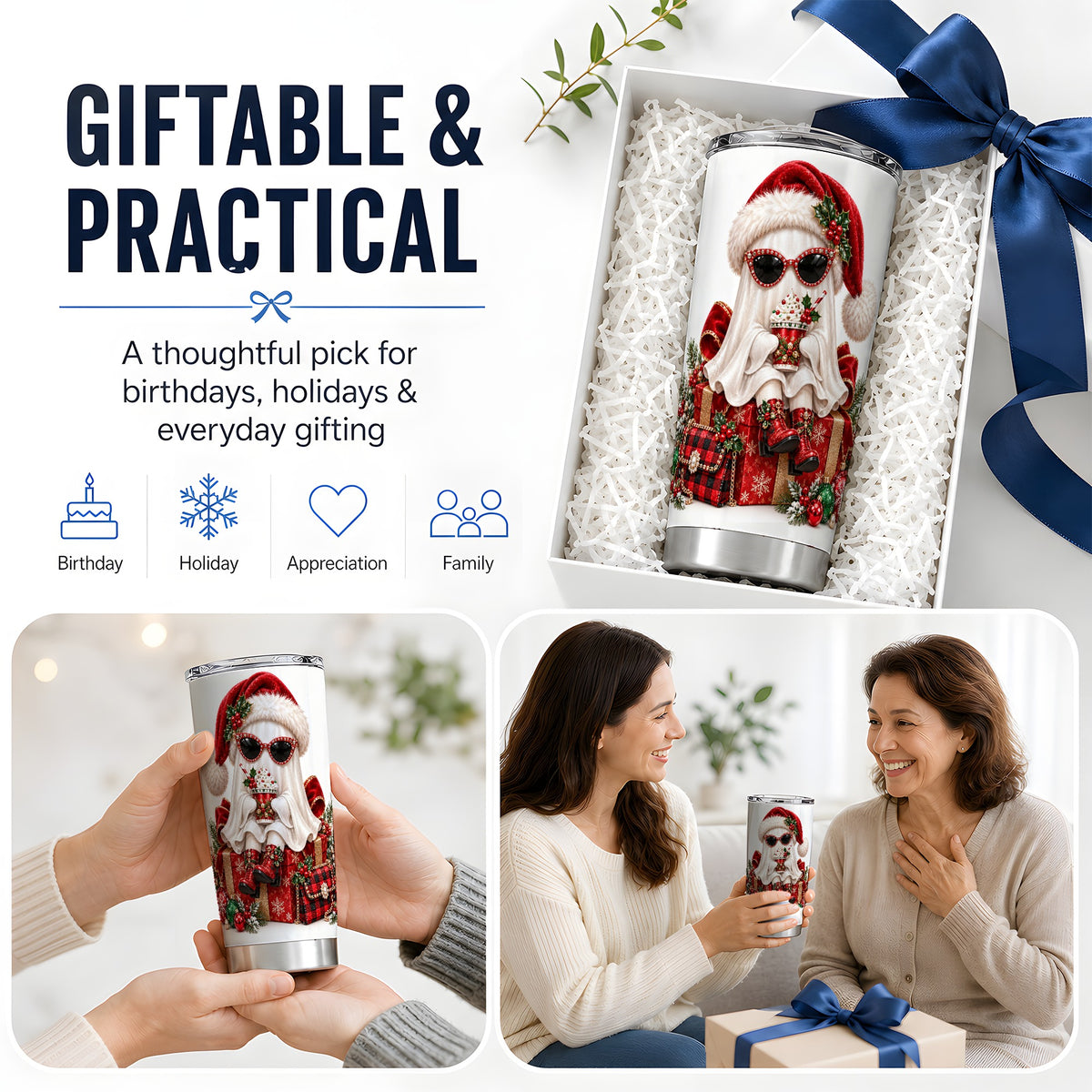 Christmas Ghost 20oz Tumbler, Cute Santa Hat and Holiday Drink Design