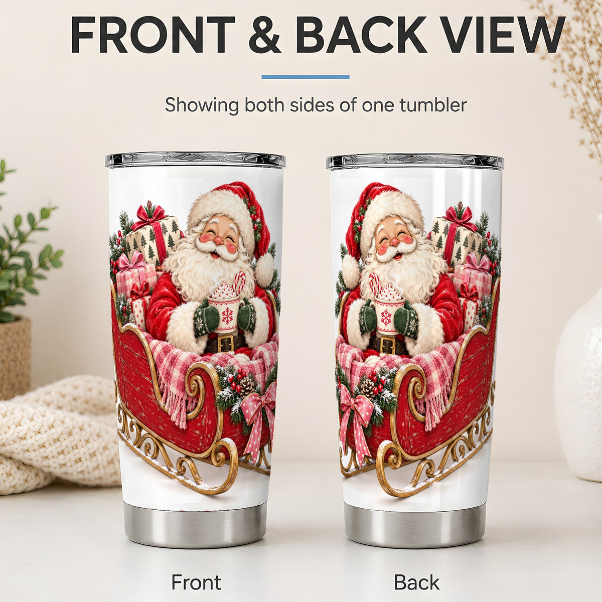 #pl[20oz|Steel] Santa Christmas Sleigh 20oz Tumbler, Cozy Red Holiday Artwork