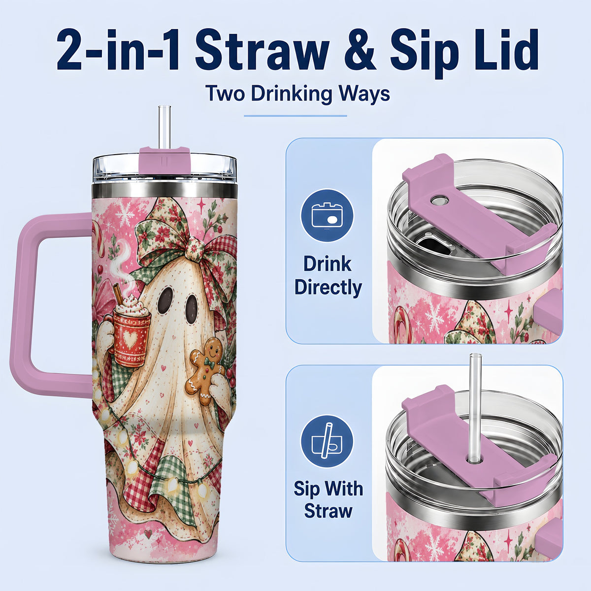#pl[40oz|Pink] Cute Christmas Ghost Handled Tumbler, 40oz Festive Winter Drinkware