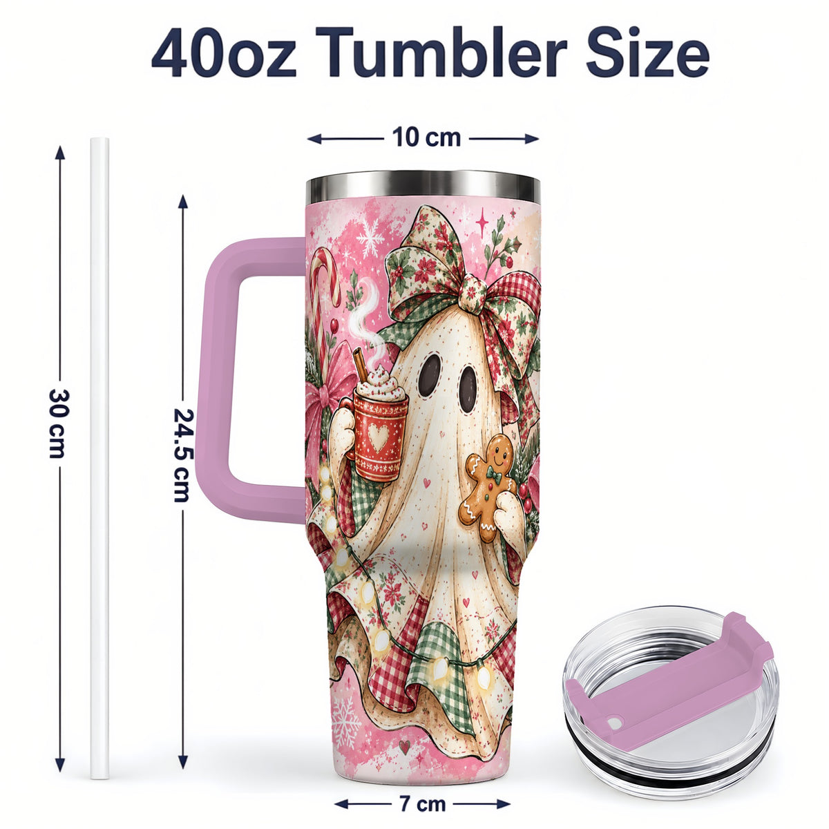 #pl[40oz|Pink] Cute Christmas Ghost Handled Tumbler, 40oz Festive Winter Drinkware