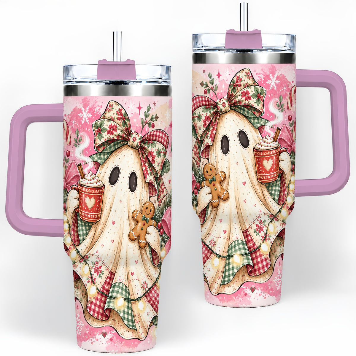 #pl[40oz|Pink] Cute Christmas Ghost Handled Tumbler, 40oz Festive Winter Drinkware