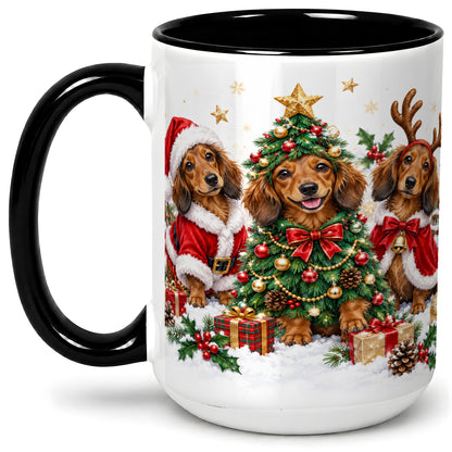 #pl[15oz|Black] Christmas Dachshund Trio Accent Mug, Ceramic Cup for Dog Lovers