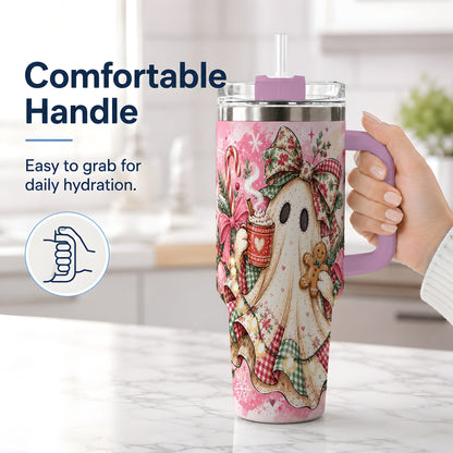 #pl[40oz|Pink] Cute Christmas Ghost Handled Tumbler, 40oz Festive Winter Drinkware