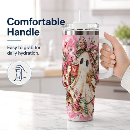 #pl[40oz|White] Cute Christmas Ghost Handled Tumbler, 40oz Festive Winter Drinkware