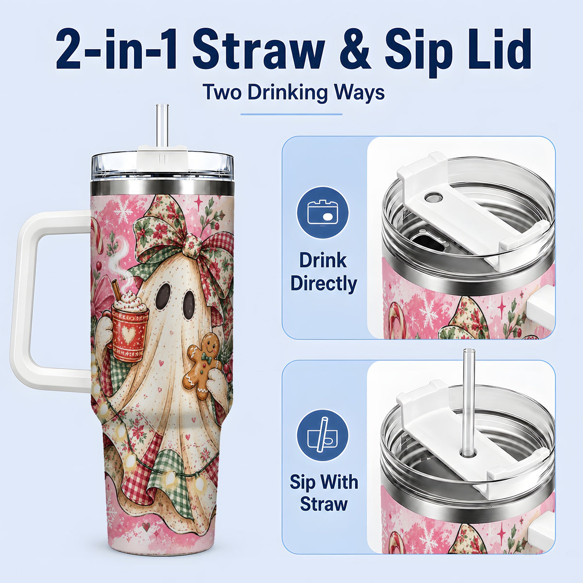 #pl[40oz|White] Cute Christmas Ghost Handled Tumbler, 40oz Festive Winter Drinkware