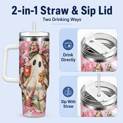 #pl[40oz|White] Cute Christmas Ghost Handled Tumbler, 40oz Festive Winter Drinkware