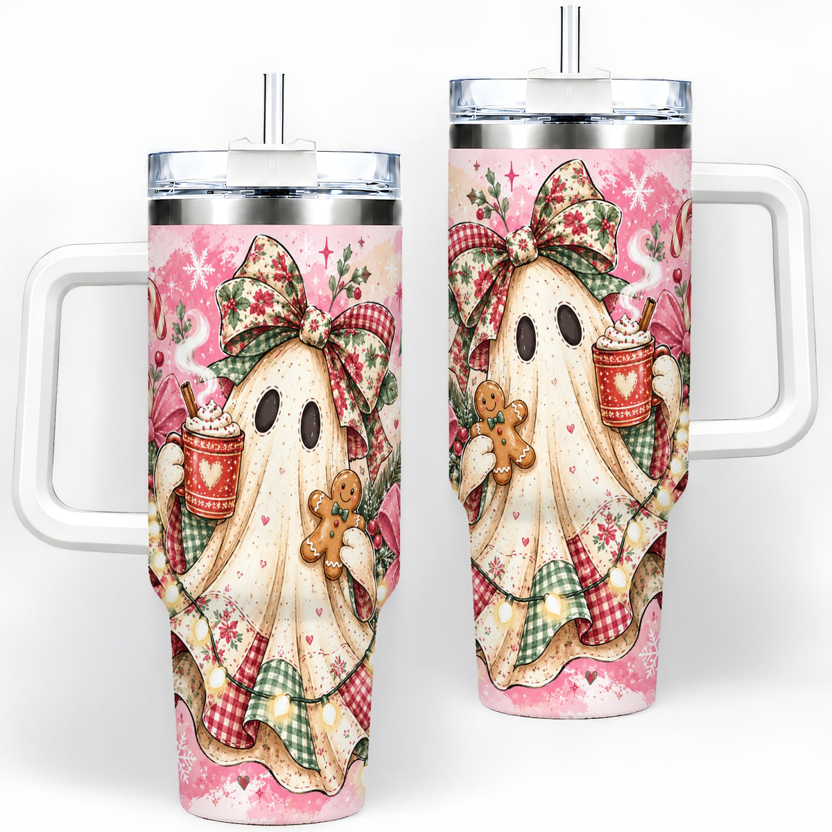 Cute Christmas Ghost Handled Tumbler, 40oz Festive Winter Drinkware