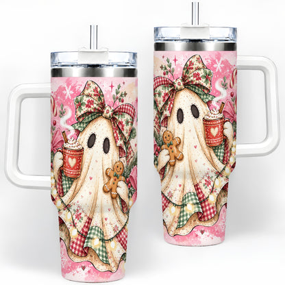 Cute Christmas Ghost Handled Tumbler, 40oz Festive Winter Drinkware