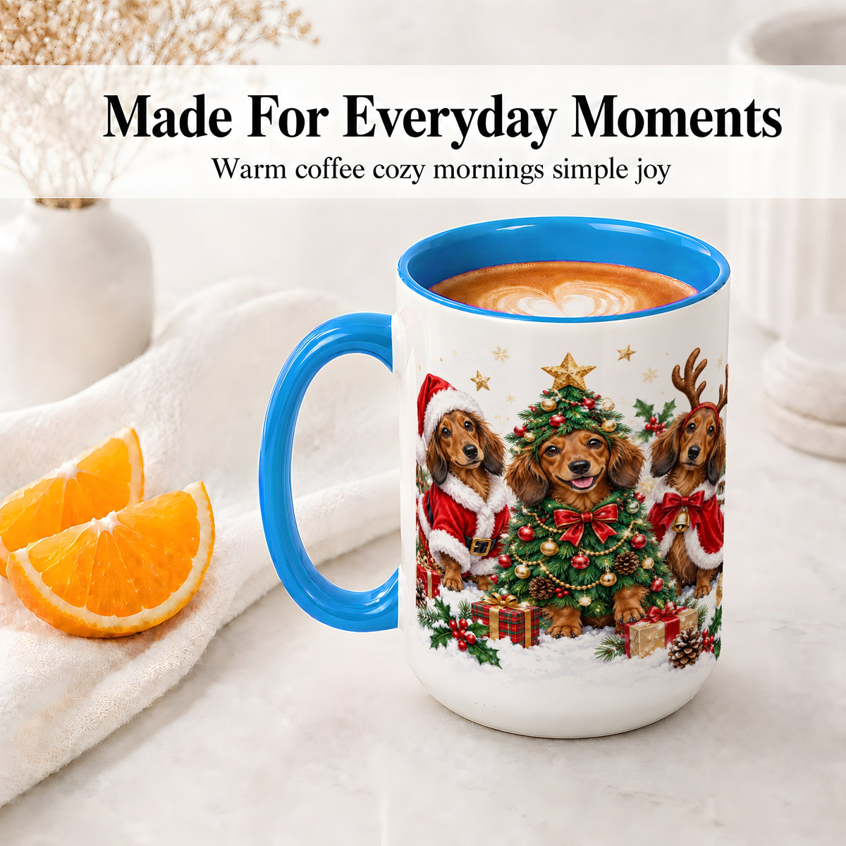 #pl[15oz|Blue] Christmas Dachshund Trio Accent Mug, Ceramic Cup for Dog Lovers