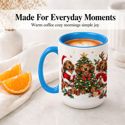 #pl[15oz|Blue] Christmas Dachshund Trio Accent Mug, Ceramic Cup for Dog Lovers