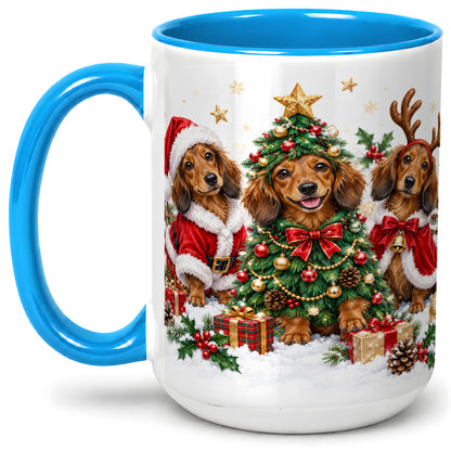 #pl[15oz|Blue] Christmas Dachshund Trio Accent Mug, Ceramic Cup for Dog Lovers