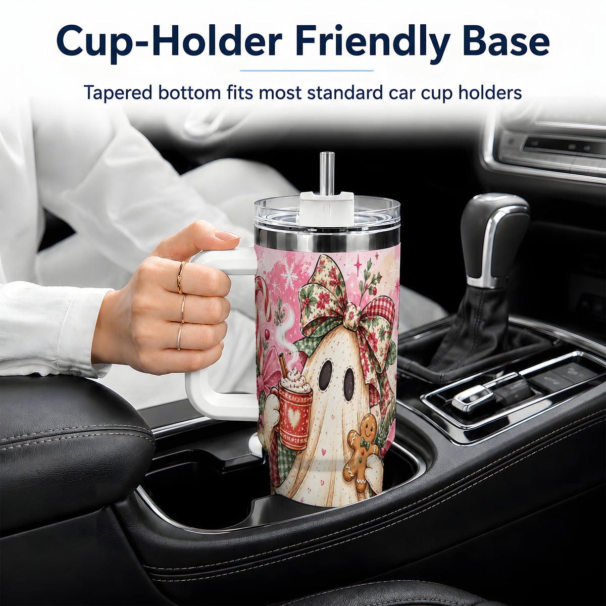 Cute Christmas Ghost Handled Tumbler, 40oz Festive Winter Drinkware