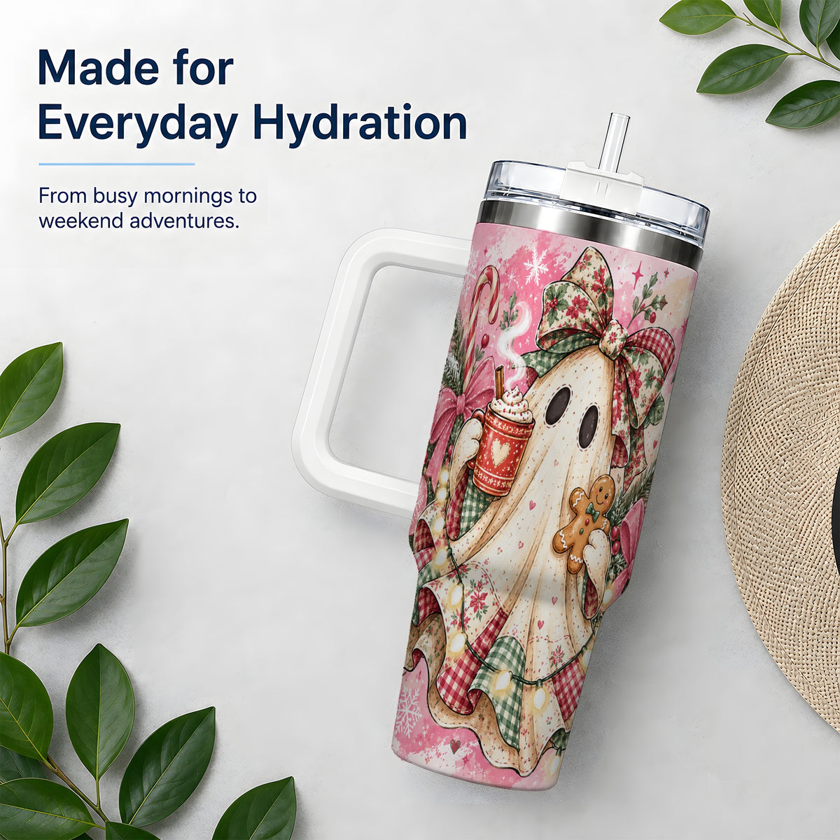 Cute Christmas Ghost Handled Tumbler, 40oz Festive Winter Drinkware