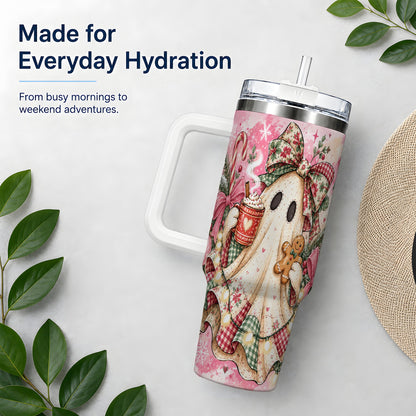 Cute Christmas Ghost Handled Tumbler, 40oz Festive Winter Drinkware