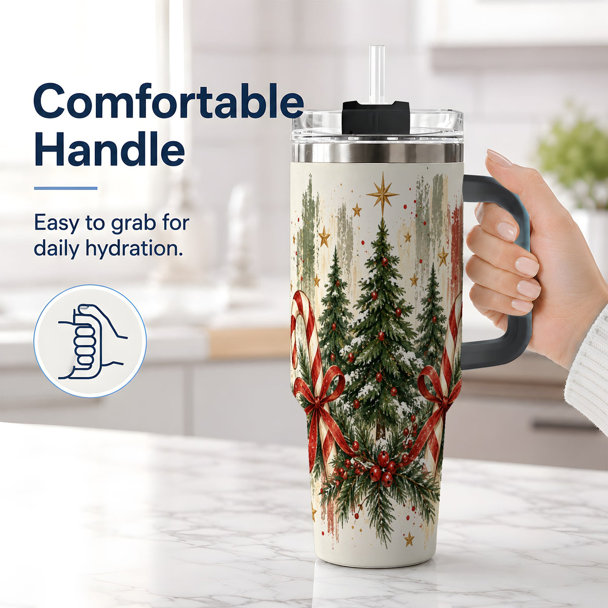 #pl[40oz|Black] Rustic Christmas Trees Handled Tumbler, 40oz Winter Holiday Drinkware