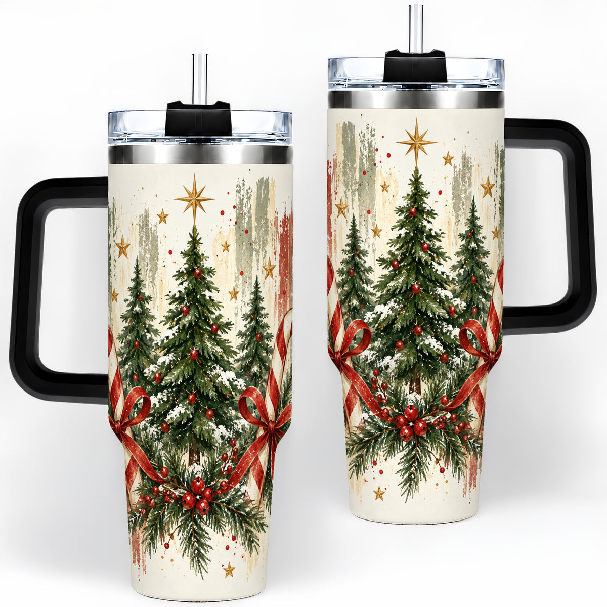 #pl[40oz|Black] Rustic Christmas Trees Handled Tumbler, 40oz Winter Holiday Drinkware