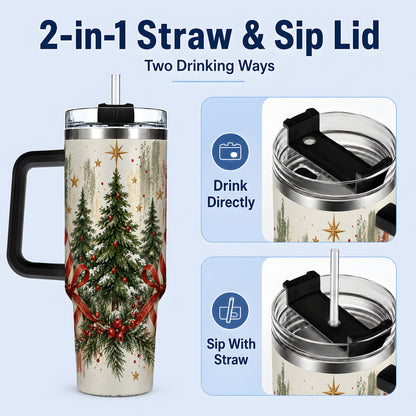 #pl[40oz|Black] Rustic Christmas Trees Handled Tumbler, 40oz Winter Holiday Drinkware