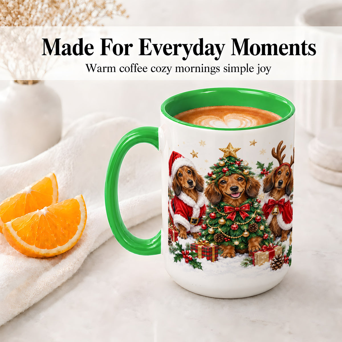 #pl[15oz|Green] Christmas Dachshund Trio Accent Mug, Ceramic Cup for Dog Lovers