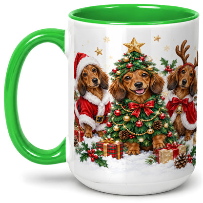 #pl[15oz|Green] Christmas Dachshund Trio Accent Mug, Ceramic Cup for Dog Lovers