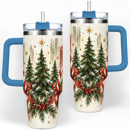 #pl[40oz|Blue] Rustic Christmas Trees Handled Tumbler, 40oz Winter Holiday Drinkware