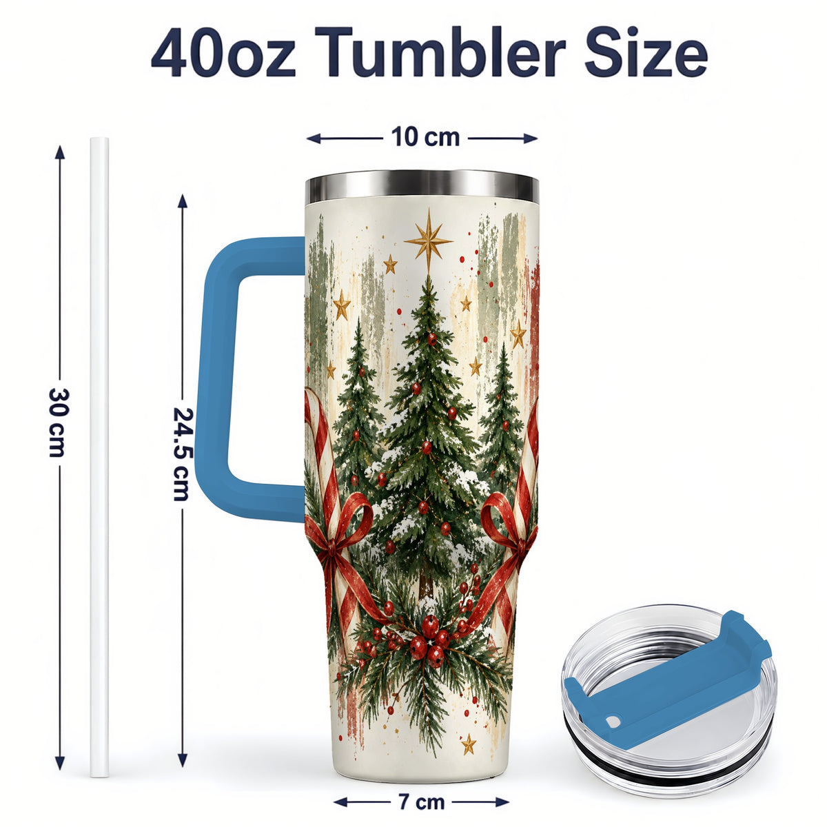 #pl[40oz|Blue] Rustic Christmas Trees Handled Tumbler, 40oz Winter Holiday Drinkware