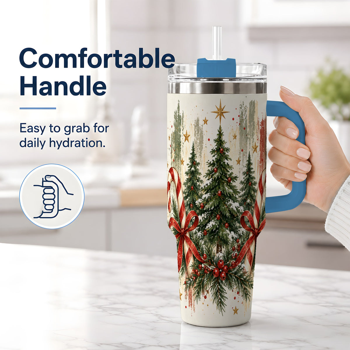 #pl[40oz|Blue] Rustic Christmas Trees Handled Tumbler, 40oz Winter Holiday Drinkware